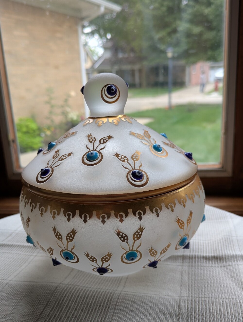 Decorium Turkey Handcrafted Satin Glass Lidded Candy Dish Evil Eye Nazar RARE